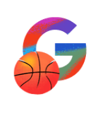 Multicolored illustration of the letter G with a basketball