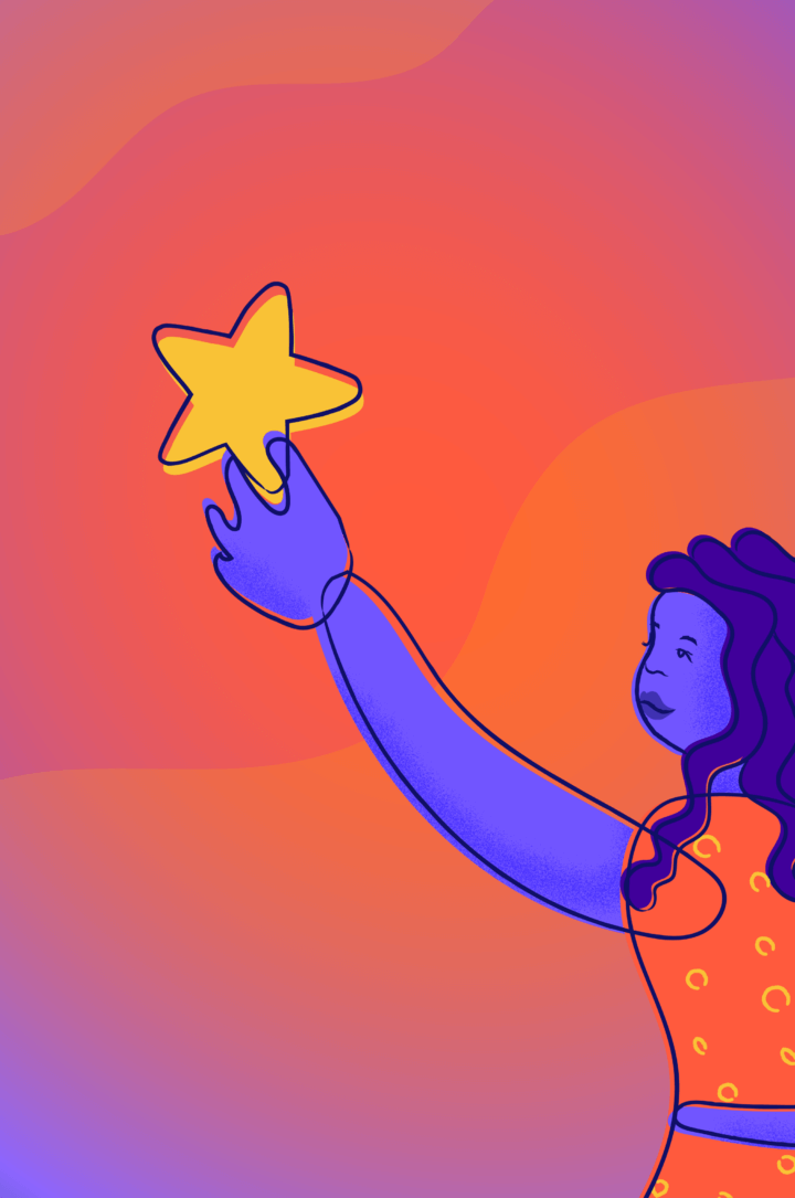 No text. Orange and purple gradient. Illustration of person holding a star