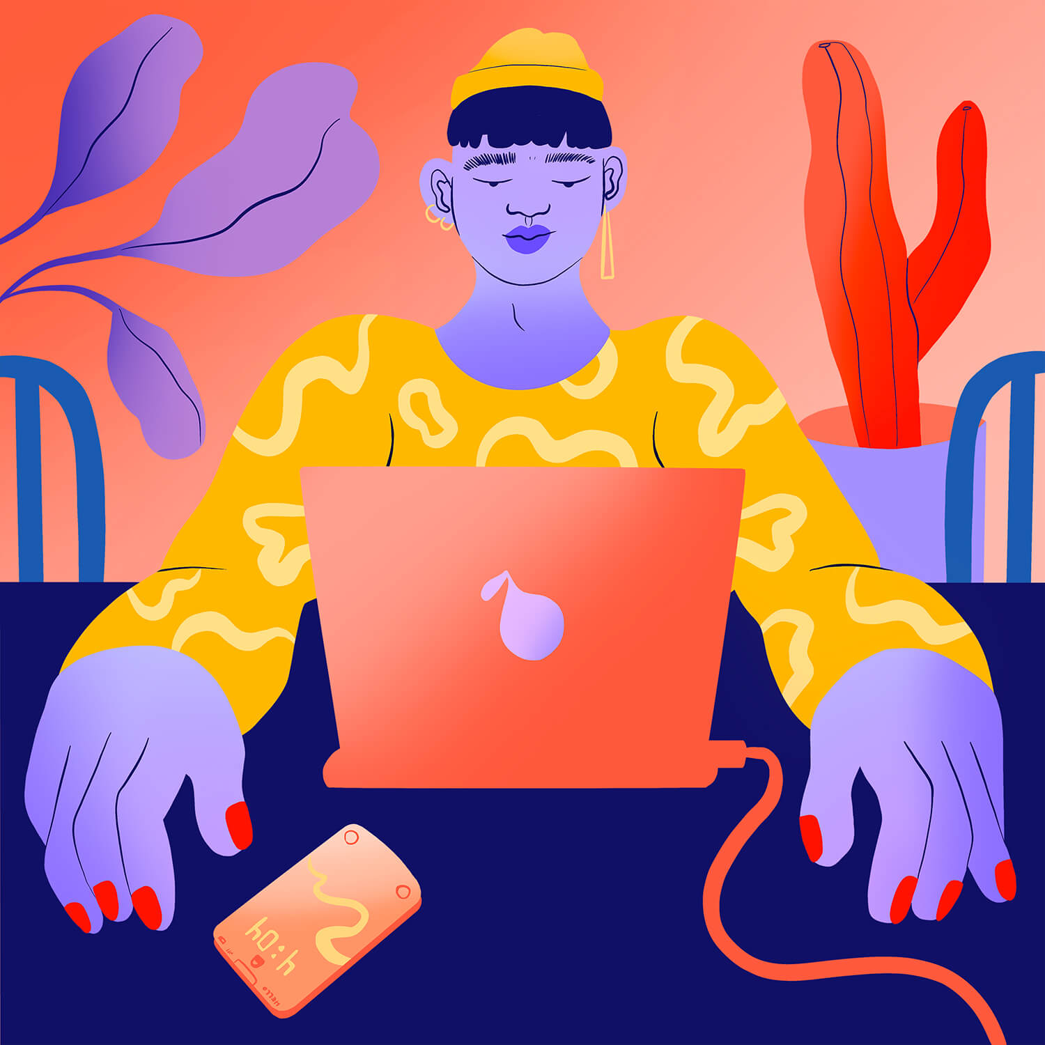 Illustration of a young person sitting at a table with houseplants behind them, looking at a laptop computer