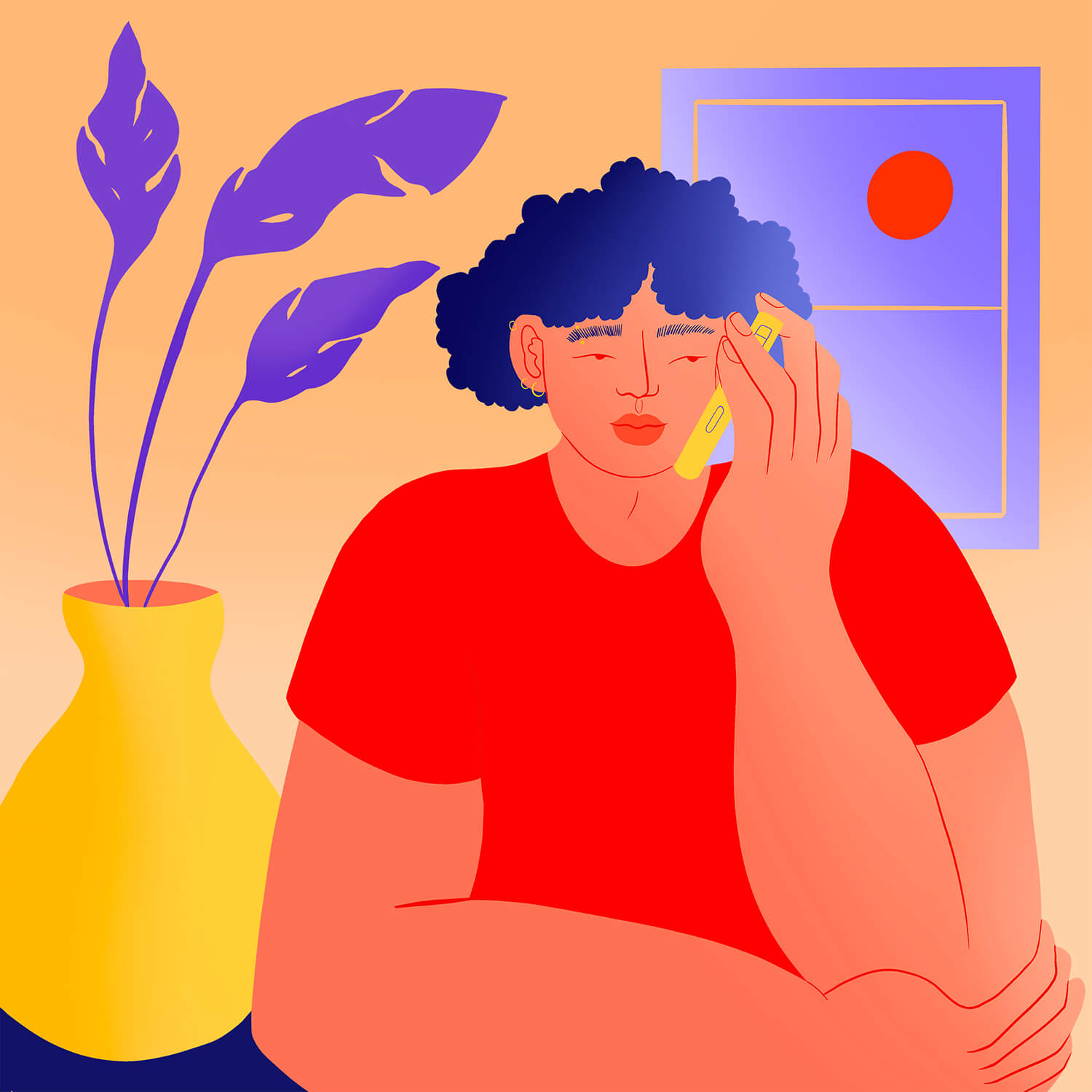 Bright illustration of a young person listening on the phone and looking hopeful