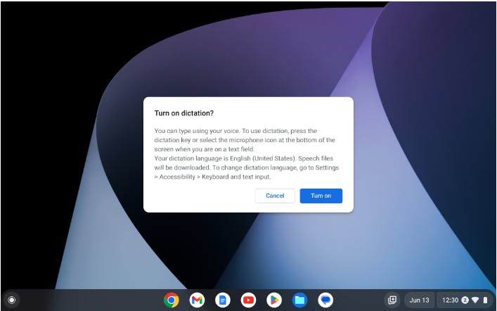 A ChromeOS desktop featuring an alert with the header ‘Turn on dictation.' The text reads: ‘You can type using your voice. To use dictation, press the dictation key or select the microphone icon at the bottom of the screen when you are on a text field. Your dictation language is English (United States). Speech files will be downloaded. To change dictation language, go to Settings 