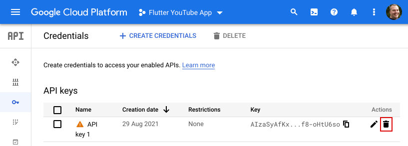 The API project's credentials page in GCP console