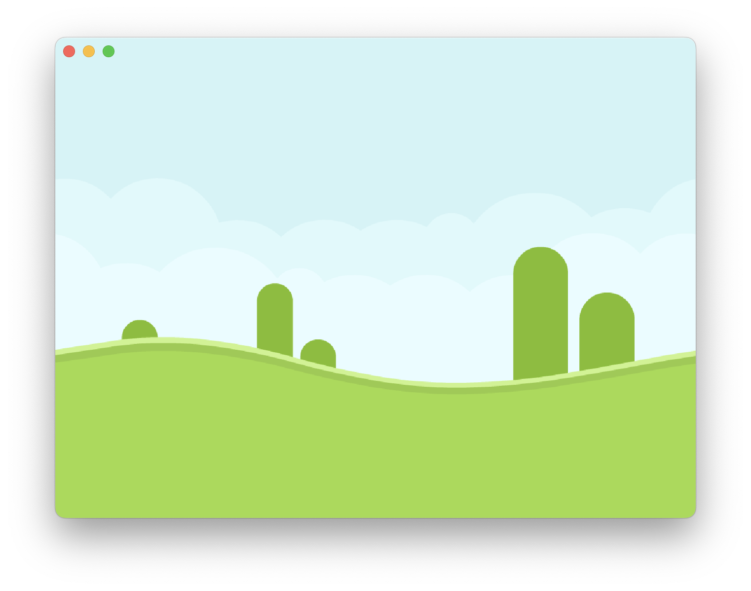 An app window with the background image of rolling green hills and oddly abstract trees.