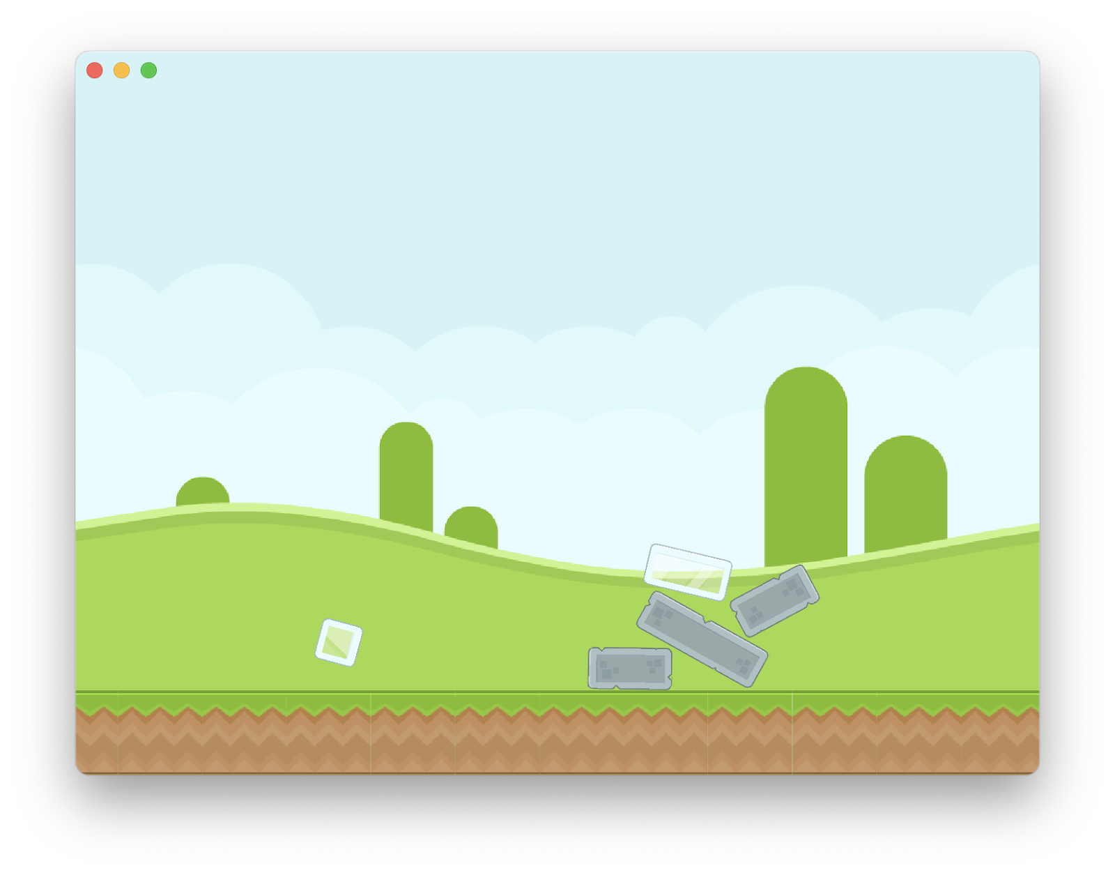 An app window with green hills in the background, ground layer, and blocks landing on the ground.