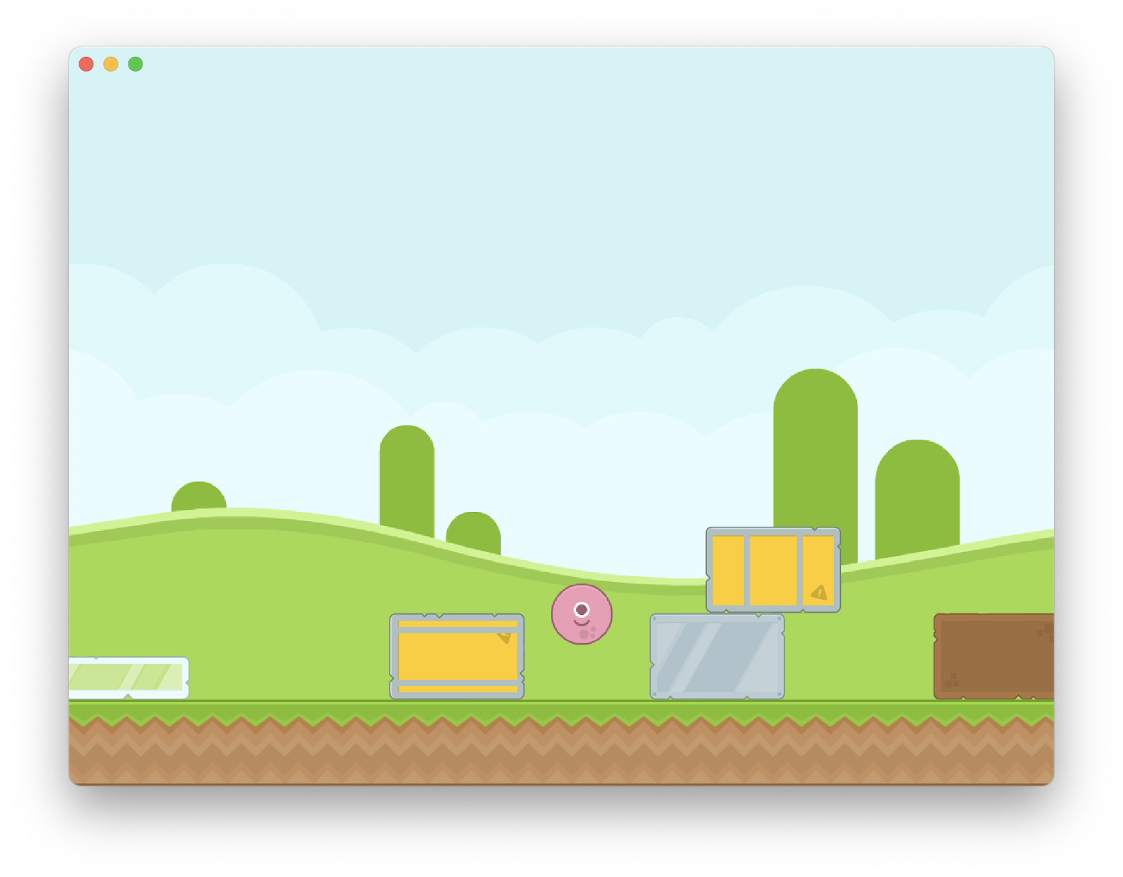 An app window with green hills in the background, ground layer, blocks on the ground and a player avatar in flight.