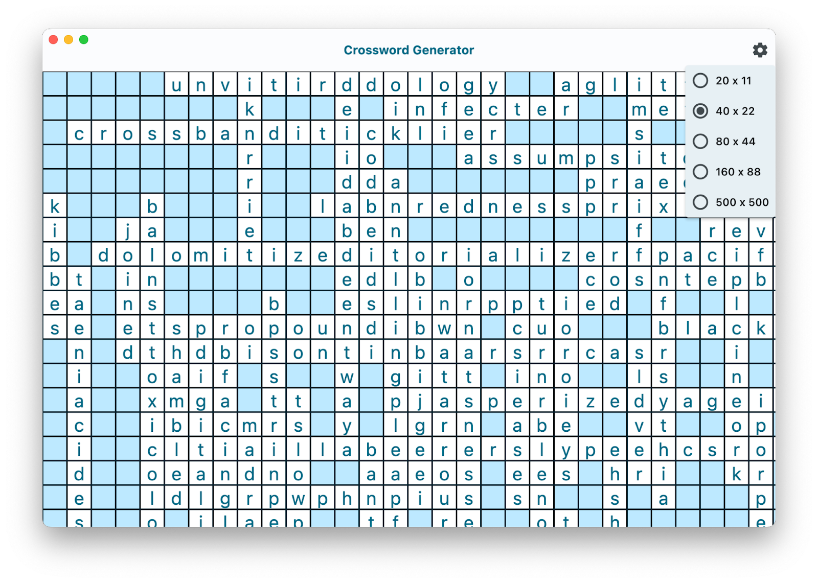 An app window with the title Crossword Generator and a grid of characters laid out as overlapping words with no rhyme or reason