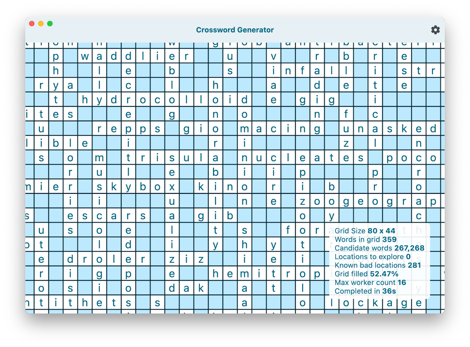 Crossword Generator window with words and statistics