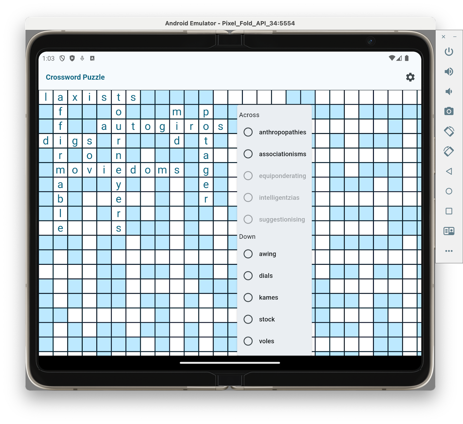 Screen shot of a Crossword Puzzle in the process of being solved on a Pixel Fold emulator.