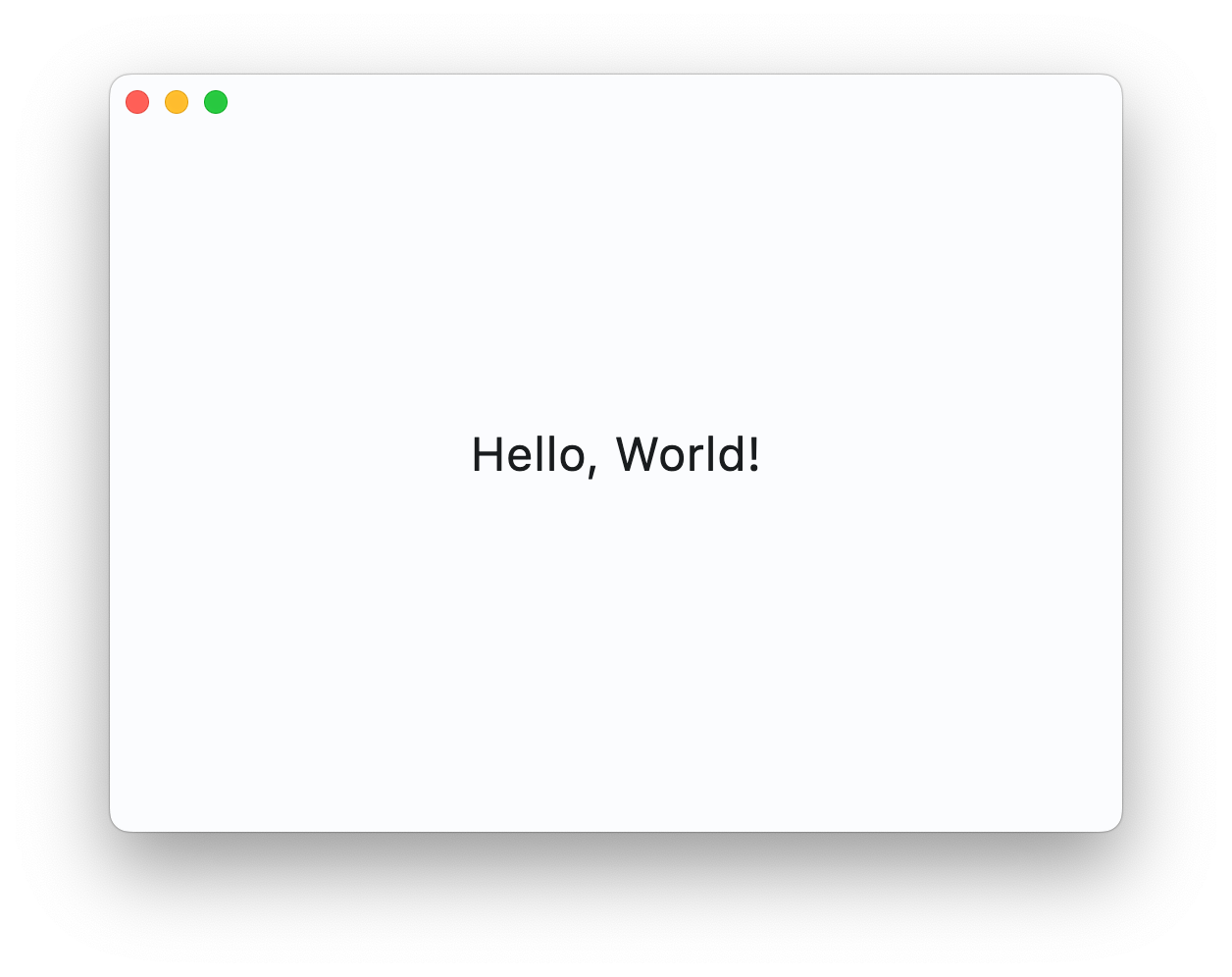 An app window with the words 'Hello, World!' in the center