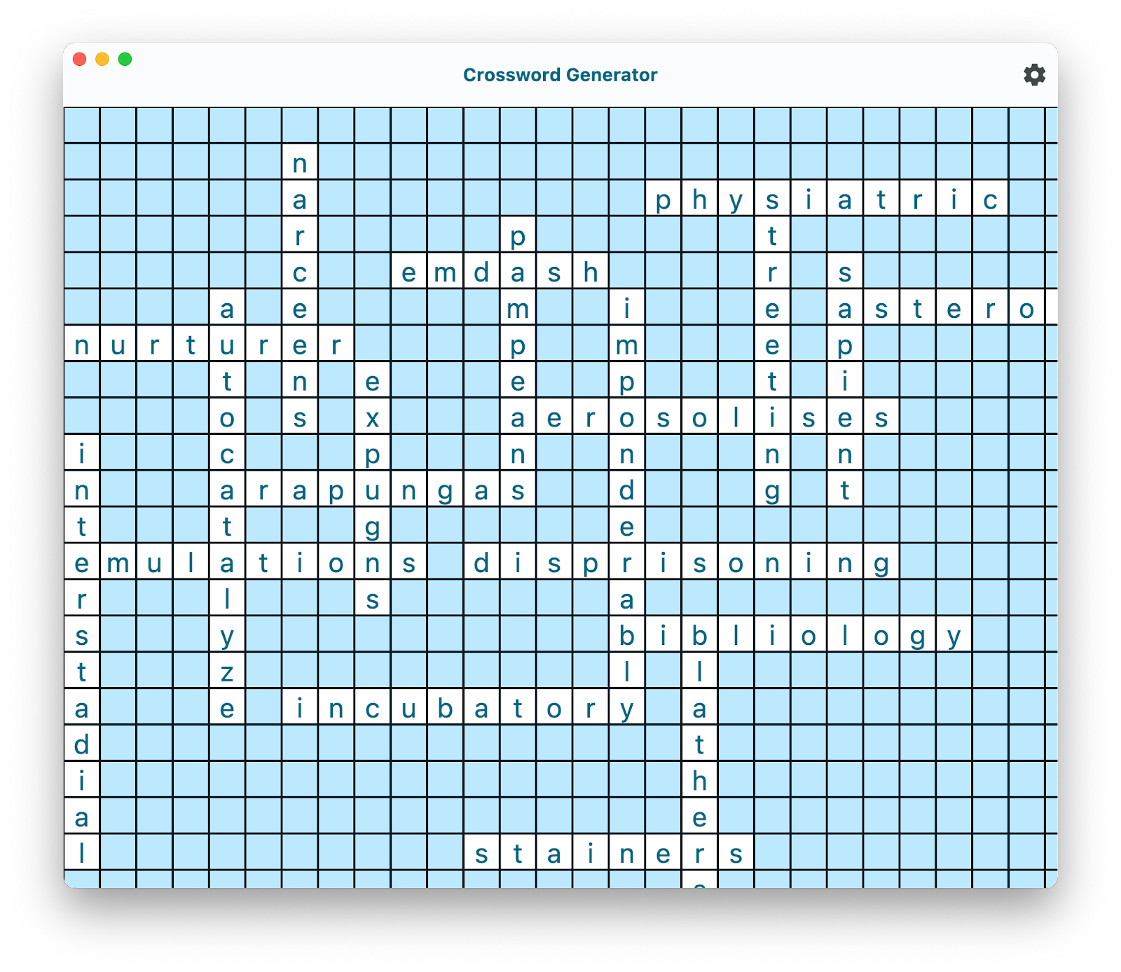 Crossword Generator app window with words laid out across and down, intersecting at random points