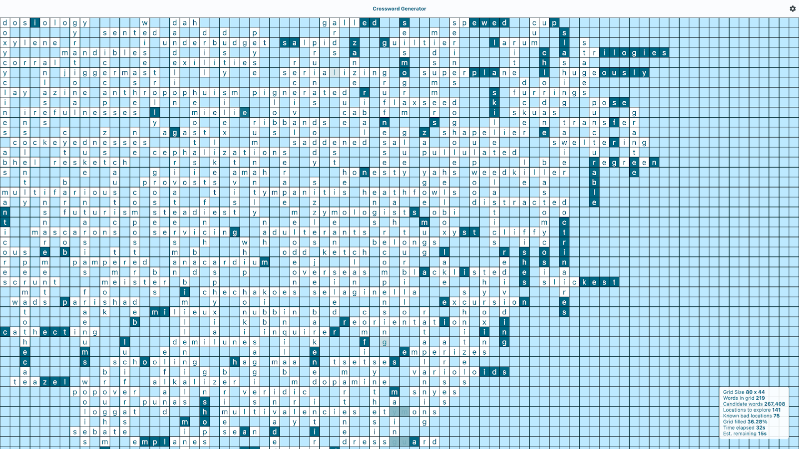 Crossword Generator showing the generation part way through. Some letters have white text on dark blue background, while others are blue text on white background.