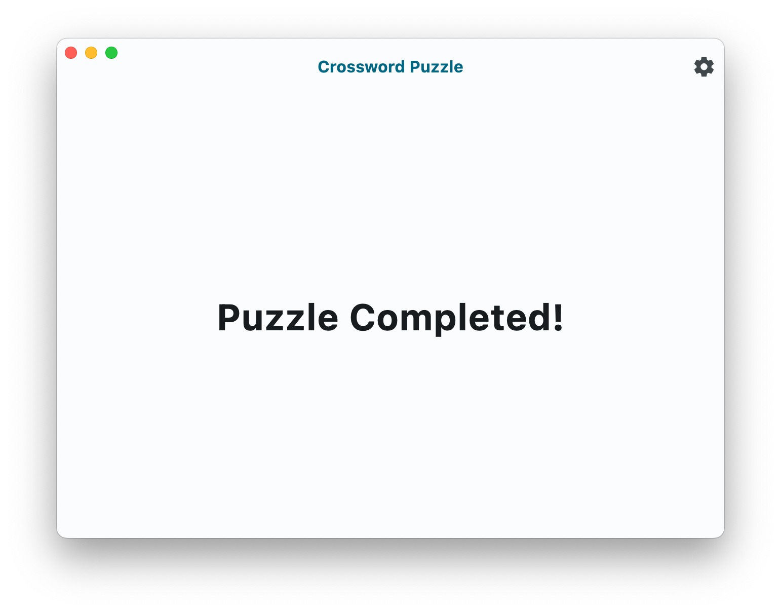 Crossword Puzzle app window showing the text 'Puzzle completed!'