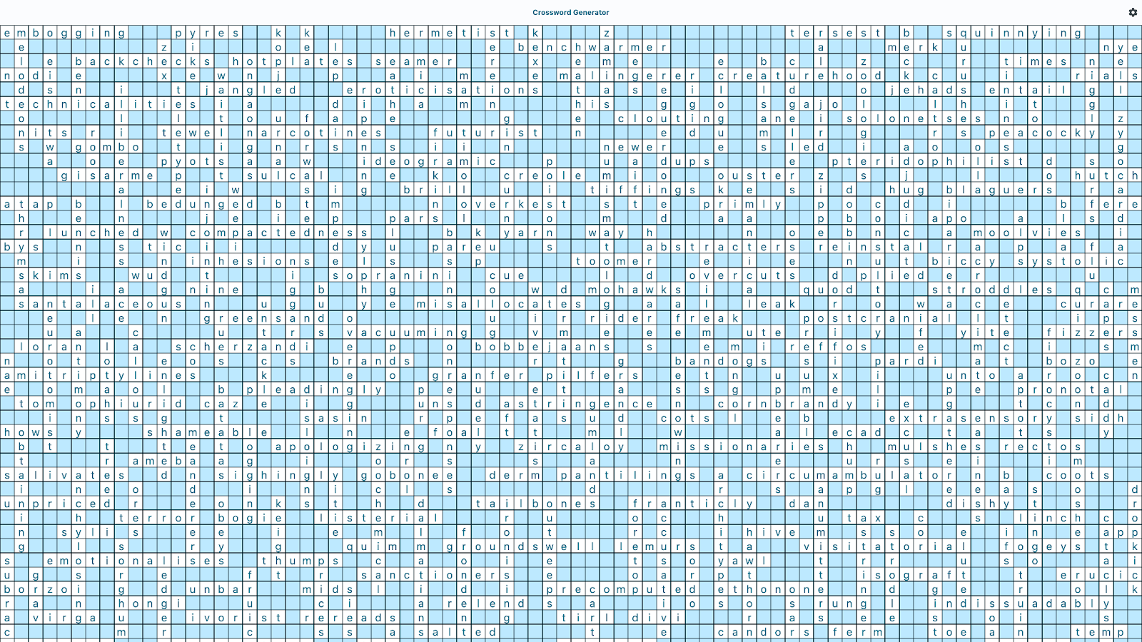 Crossword Generator, with lots of words intersecting. Zoomed out, the words are too small to read.