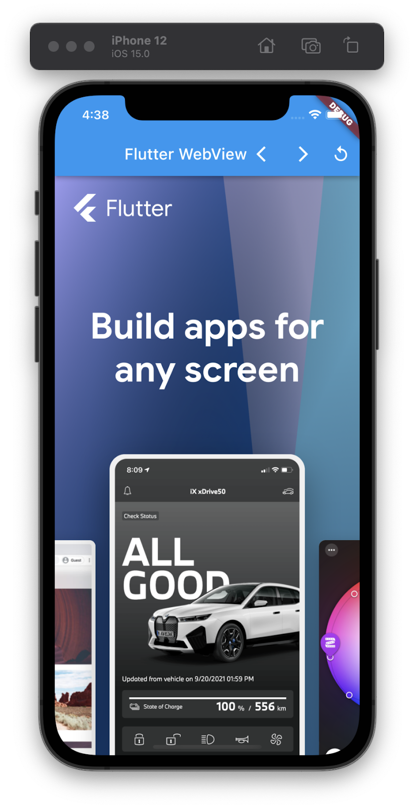A screen shot of an iPhone simulator running a Flutter app with an embedded webview showing the Flutter.dev homepage with previous page, next page, and page reload controls