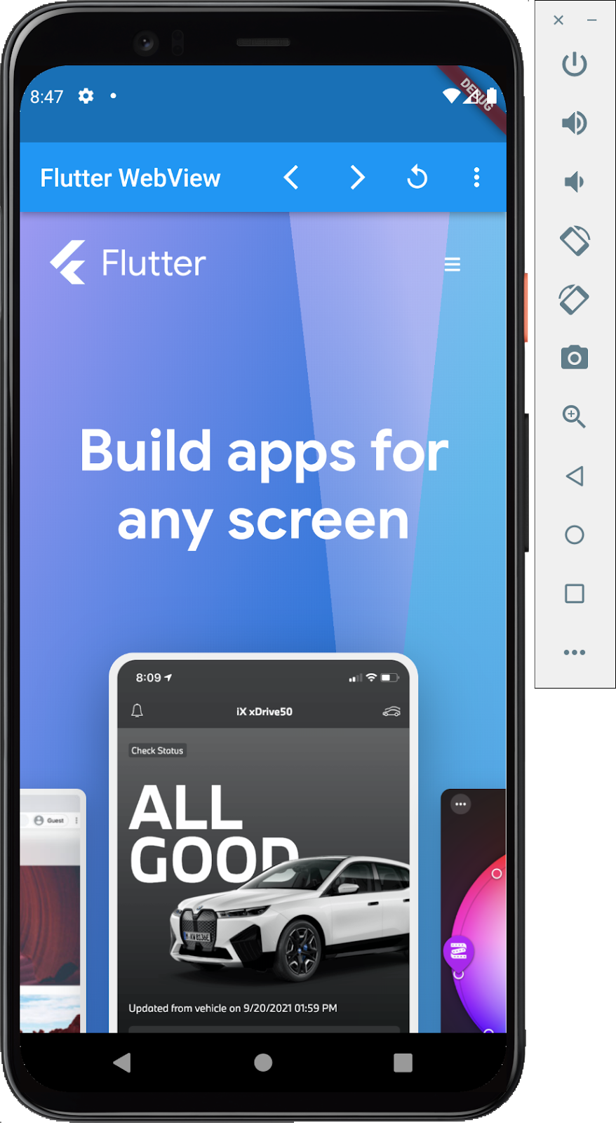 A screen shot of an Android emulator running a Flutter app with an embedded webview showing the Flutter.dev homepage