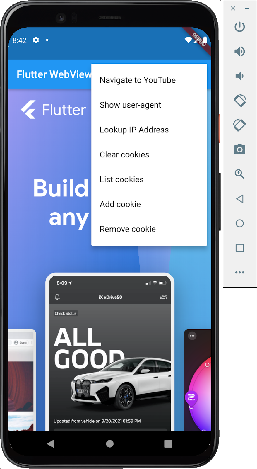 A screen shot of an Android emulator running a Flutter app with an embedded webview showing the Flutter.dev homepage with a list of menu options covering navigating to YouTube, showing user agent, and interacting with the browser's cookie jar