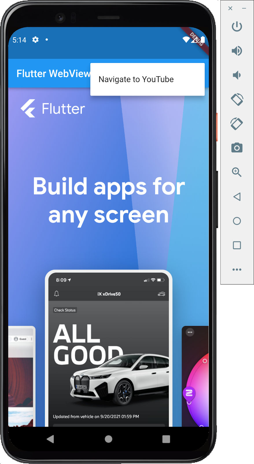 A screen shot of an Android emulator running a Flutter app with an embedded webview showing the Flutter.dev homepage with a menu item showing the option to 'Navigate to YouTube'