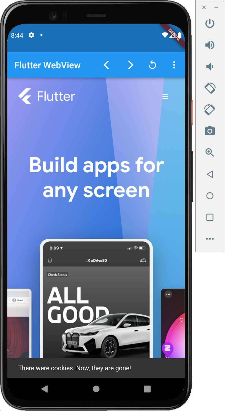A screen shot of an Android emulator running a Flutter app with an embedded webview showing the Flutter.dev homepage with a toast popup that reads 'There were cookies. Now they are gone!'