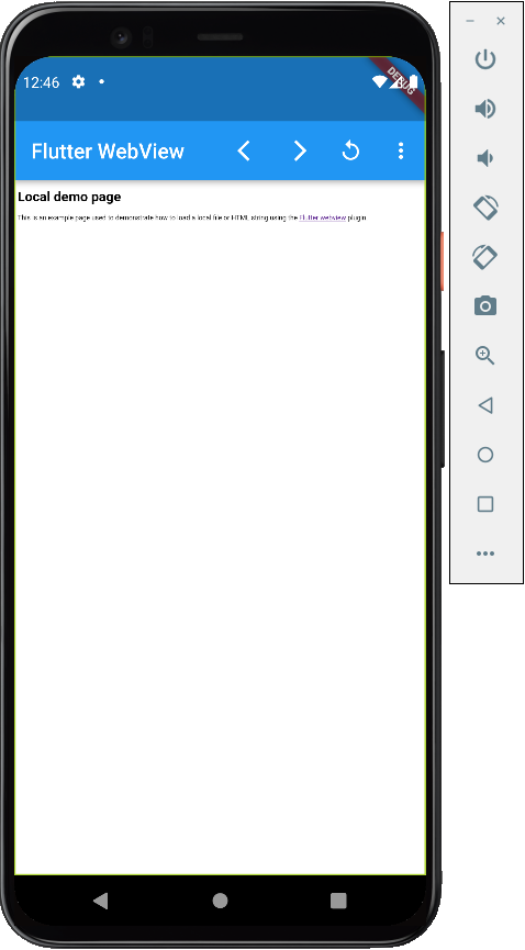A screen shot of an Android emulator running a Flutter app with an embedded webview showing a page labelled 'Local demo page' with the title in black