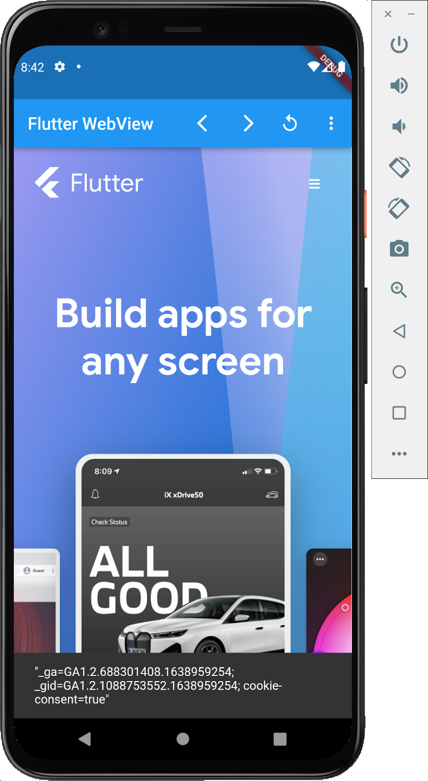 A screen shot of an Android emulator running a Flutter app with an embedded webview showing the Flutter.dev homepage with a toast popup showing the cookies set in the browser