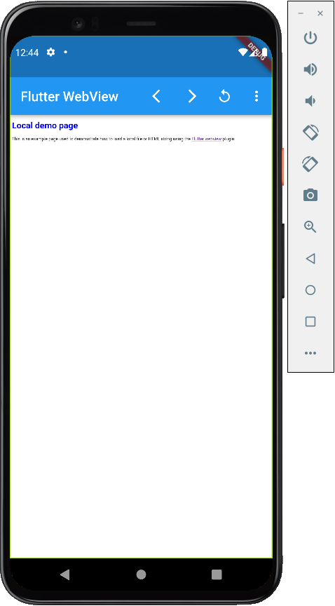 A screen shot of an Android emulator running a Flutter app with an embedded webview showing a page labelled 'Local demo page' with the title in blue
