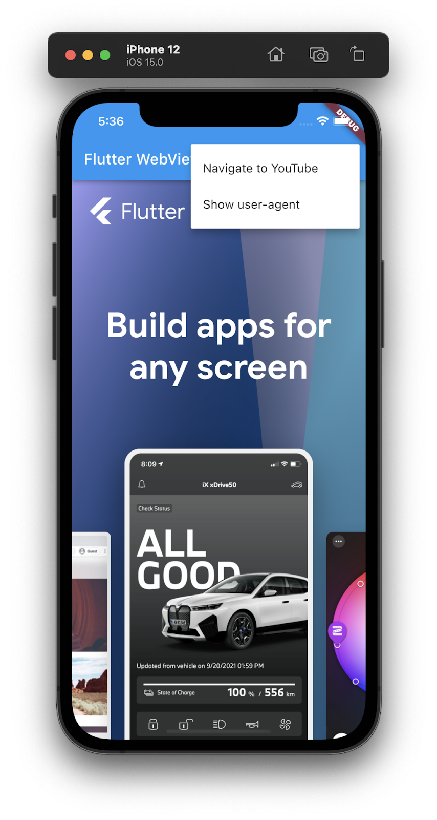 A screen shot of an iPhone simulator running a Flutter app with an embedded webview showing the Flutter.dev homepage with a menu items showing the options to 'Navigate to YouTube' or 'Show user-agent'