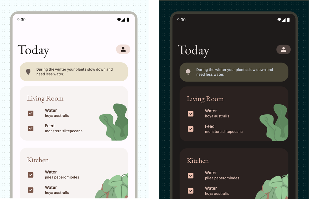 Example of an app in light and dark themes.