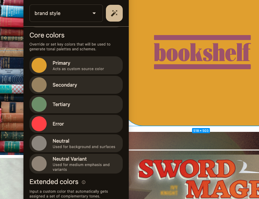 Material Theme Builder with core color inputs filled from primary source color.