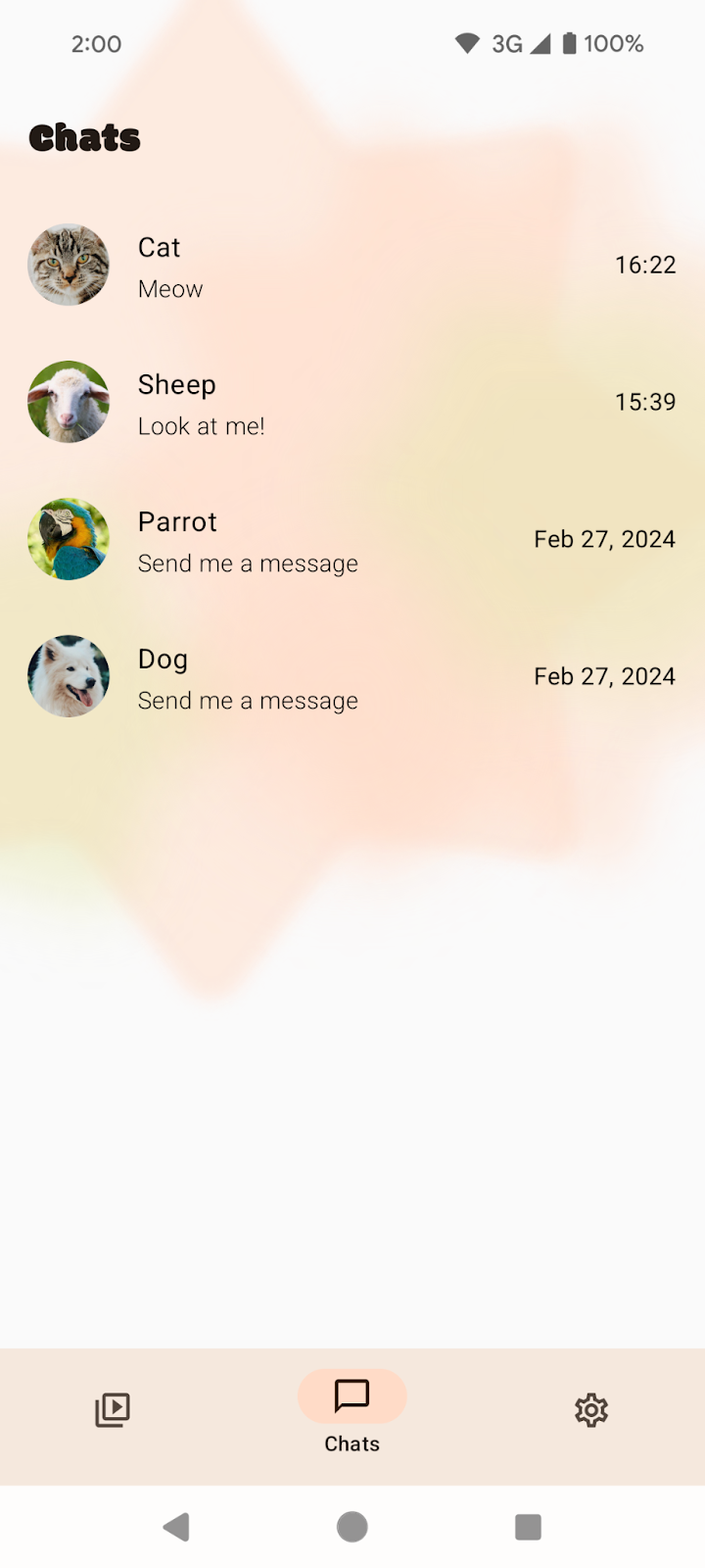 Chats screen with three-button navigation.