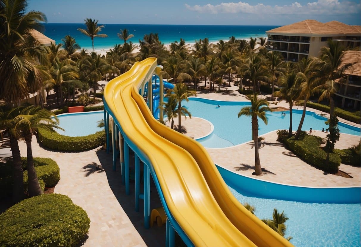 A sunny beach resort with palm trees, clear blue waters, and colorful water slides leading into a large pool. A hotel with a water park is nestled among the greenery