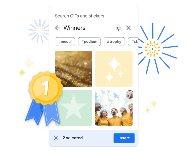 Widget s GIFy a nálepkami v Prezentacích Google zobrazující výběr nálepek s motivem „vítězové“.