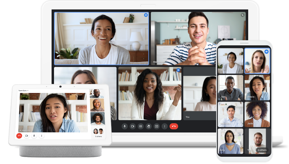 Um laptop, um Google Home e um smartphone Pixel mostrados em videoconferência com o Google Meet e o Duo