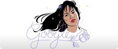 A woman with dark hair and bangs, hoop earrings, and red lipstick. 'Google' written underneath in purple cursive writing.