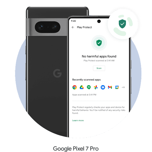 A Pixel 7 Pro phone screen with Google Play Protect open. A Google Play Protect logo hovers over the top-right corner. A green shield with a check mark icon is illuminated with the message "No harmful apps found" alerting the user that their phone is secure. Next to it is the back of the Pixel 7 Pro
