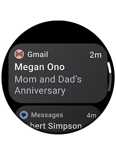 Um mostrador de smartwatch com uma notificação de um e-mail intitulado "Mom and Dad’s Anniversary".