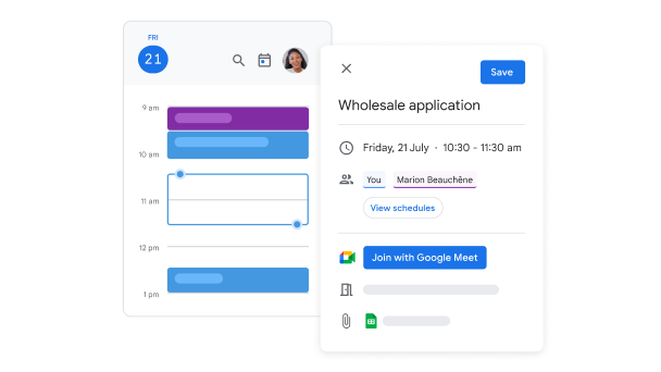 Widok interfejsu Kalendarza Google z pracownikiem, który planuje spotkanie o nazwie „Aplikacja do sprzedaży hurtowej”. 