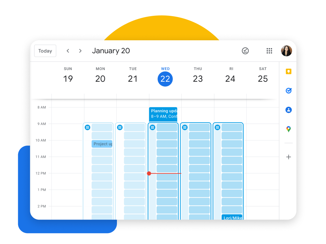 Google Calendar shows one day’s hour-by-hour schedule selected out of the week.