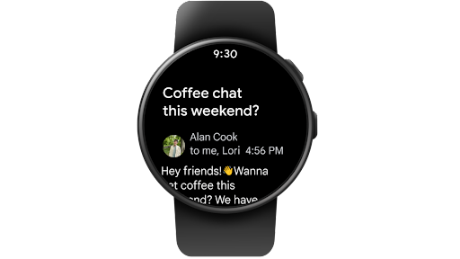 Browsing through a Gmail inbox, reading an email, and then favoriting that email, on a Wear OS smartwatch.