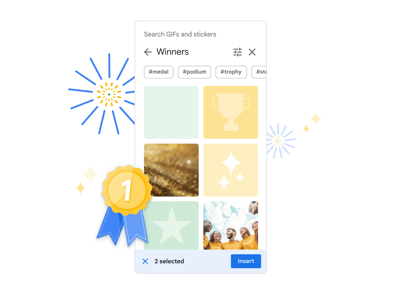 De widget voor gifjes en stickers in Google Presentaties. Een selectie van stickers wordt getoond voor het thema Winners (Winnaars).
