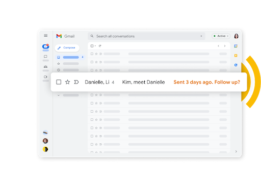 Kotak masuk Gmail disertai pengingat tindak lanjut dengan teks berwarna oranye