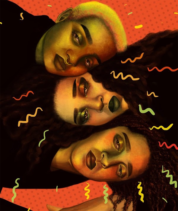 Ilustración de tres cabezas una al lado de la otra con garabatos de color rojo, amarillo, anaranjado y verde que las rodean.