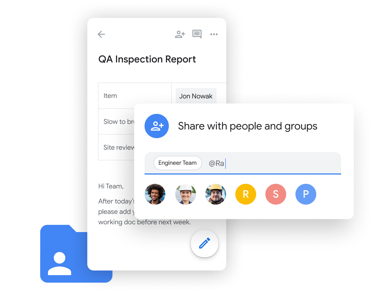 Ilustrativní grafika Workspace – členové týmu ve službě Google Chat hladce sdílejí a upravují Tabulky Google