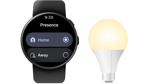 Alguém a usar o Google Home num smartwatch Android para alterar a presença na casa de Em casa para Ausente.