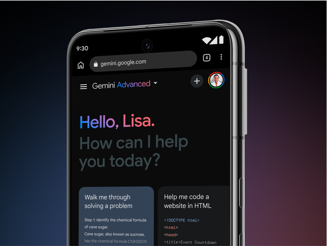 A phone displaying the Gemini Advanced welcome screen reading, "Hello, Lisa. How can I help you today."