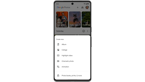 Alguém a criar um vídeo de momentos de clipes e imagens pesquisando palavras-chave no Google Fotos e gerando uma pré-visualização num telemóvel Android.