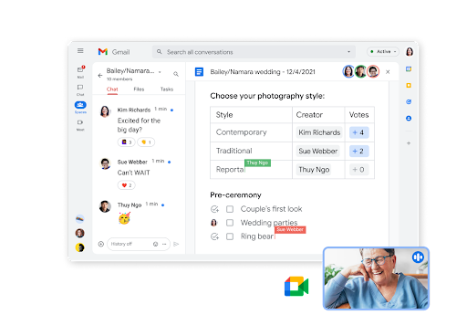 Função de chat do Gmail com colaboração num documento e chat de vídeo no mesmo ecrã