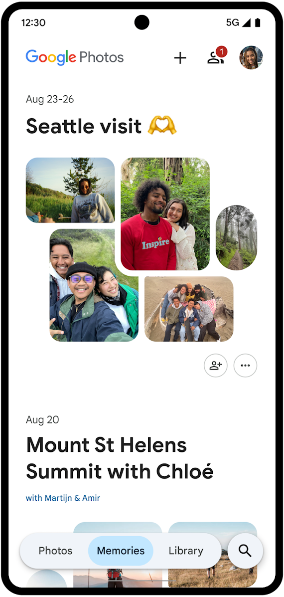 Xem một bộ sưu tập ảnh do AI tuyển chọn ở chế độ xem theo dòng thời gian trong Google Photos trên điện thoại Android.