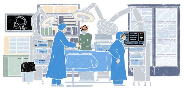 Illustration of a surgeon in the operating room alongside two colleagues.