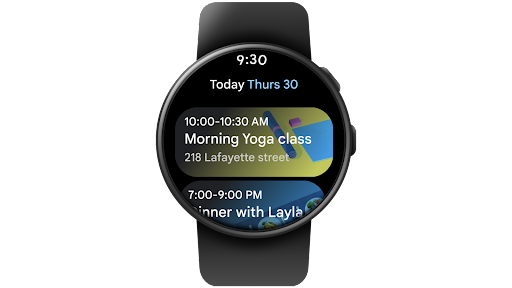 在一部 Wear OS 智能手表上，用户浏览 Google 日历、打开一项活动邀请，然后回复“参加”。