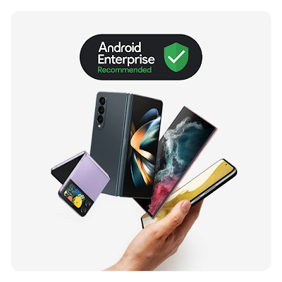 A group of newly released Android devices are displayed with the words Android enterprise recommended displayed.